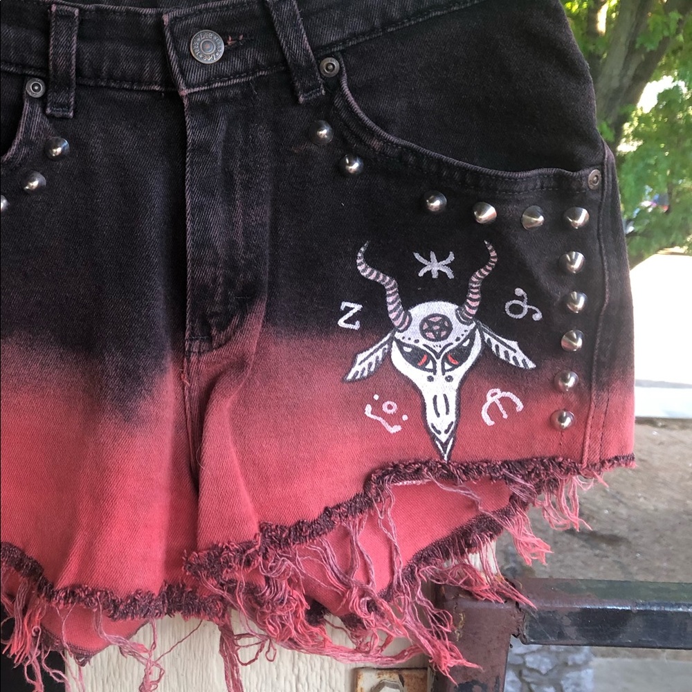 Studded, Dip-Dyed, Painted, Cut-Off Denim Shorts - Picture 3 of 5